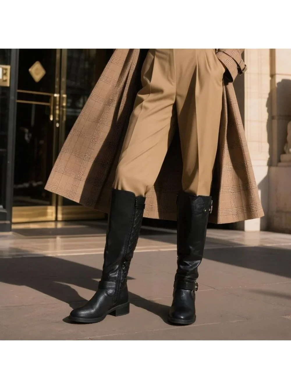 Women's Black Comfortable Chunky Block Heel Round Toe Side Zipper Knee High Boot